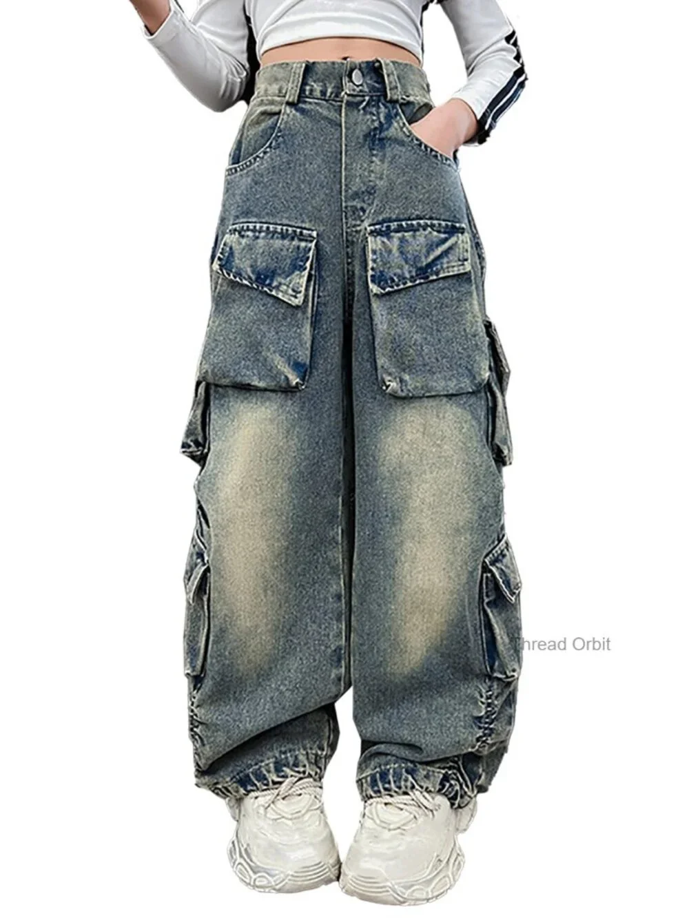 Girls Baggy Cargo Jeans High Waisted Wide Leg Y2K Denim Pants with Pockets